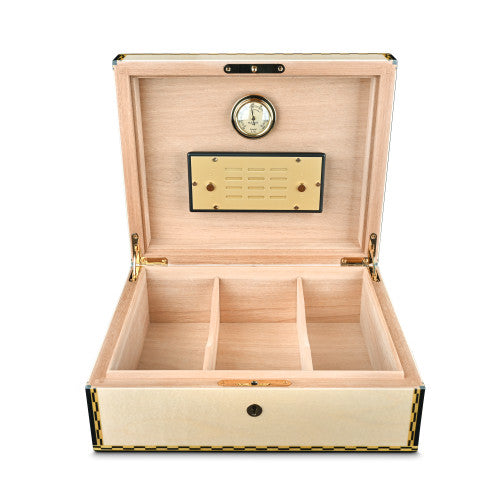 A wooden Elie Bleu Natural Sycamore "Medals" Humidor - 75 Cigars with a clock inside.