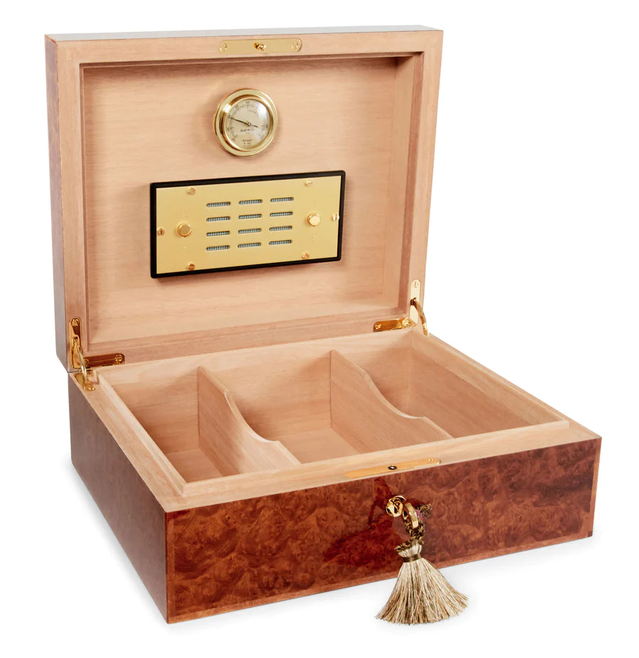 An Elie Bleu Amboyna Burl "Classic" Humidor - 75 Cigars with a tassel for your cigar collection.