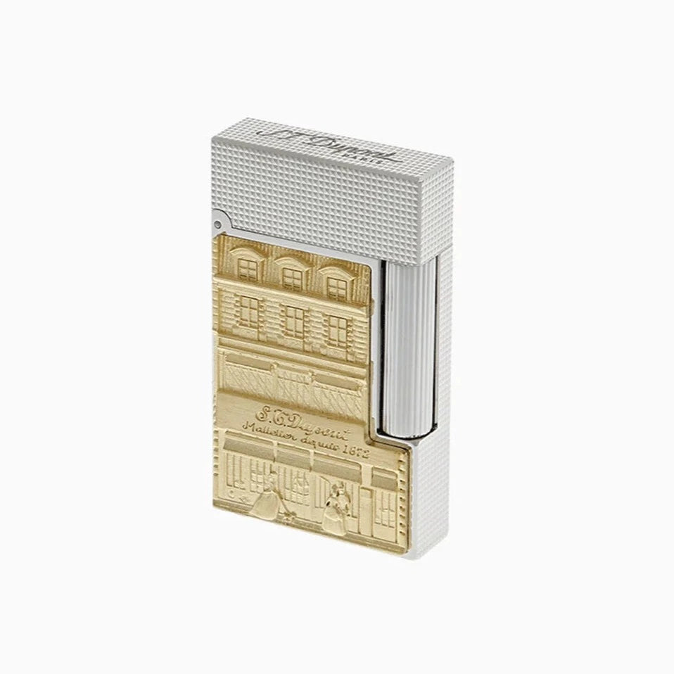 A S.T. Dupont Line 2 Hotel Particulier Lighter featuring an image of a building, from S.T. Dupont's Line 2 collection.