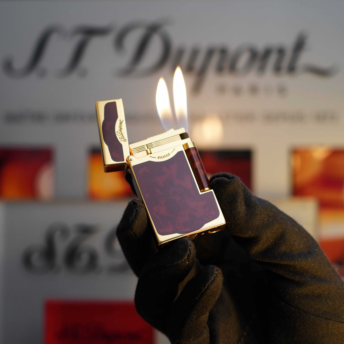 Vintage 1990 St Dupont 24k Dual Flame Maduro Oscuro Gold Finish Chinese Laqcuer Lighter