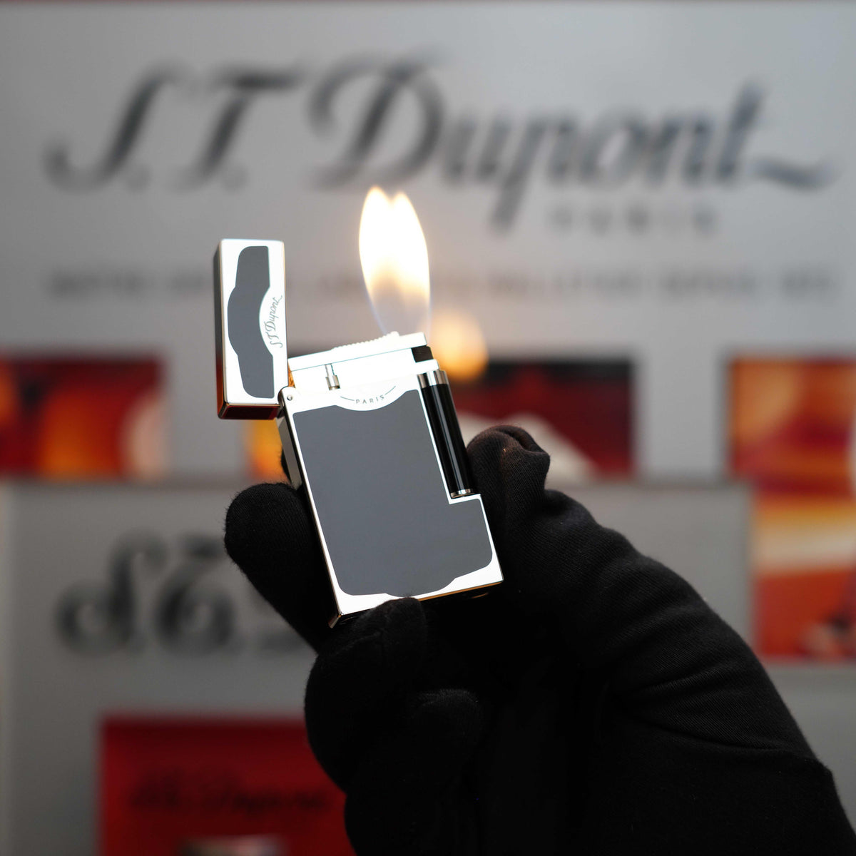 Vintage 1990 St Dupont Platinum Dual Flame Maduro Black Finish Chinese Laqcuer Lighter