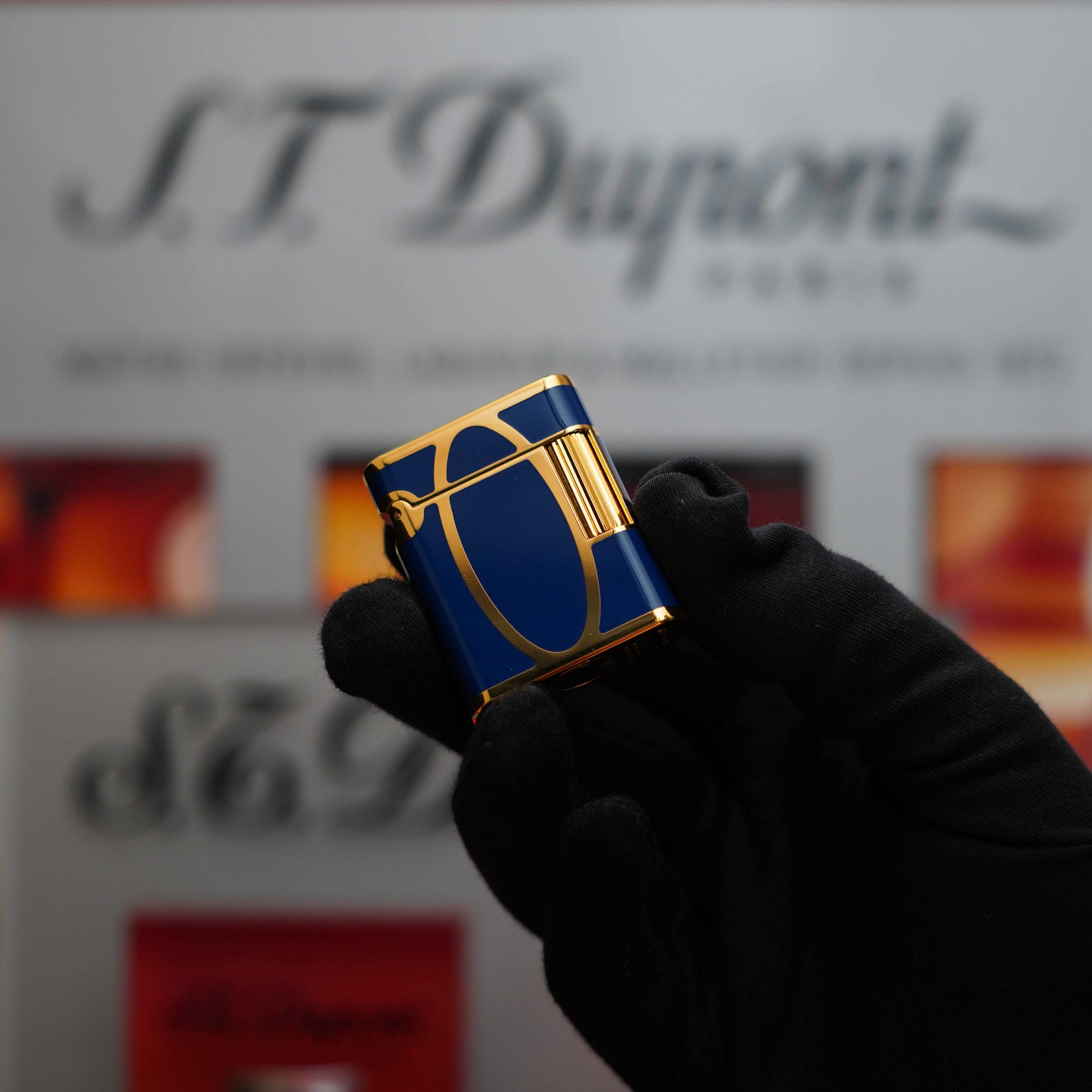 Vintage 1990 St Dupont rare Soubreny 24k Gold Finish Blue Lacquer Lighter