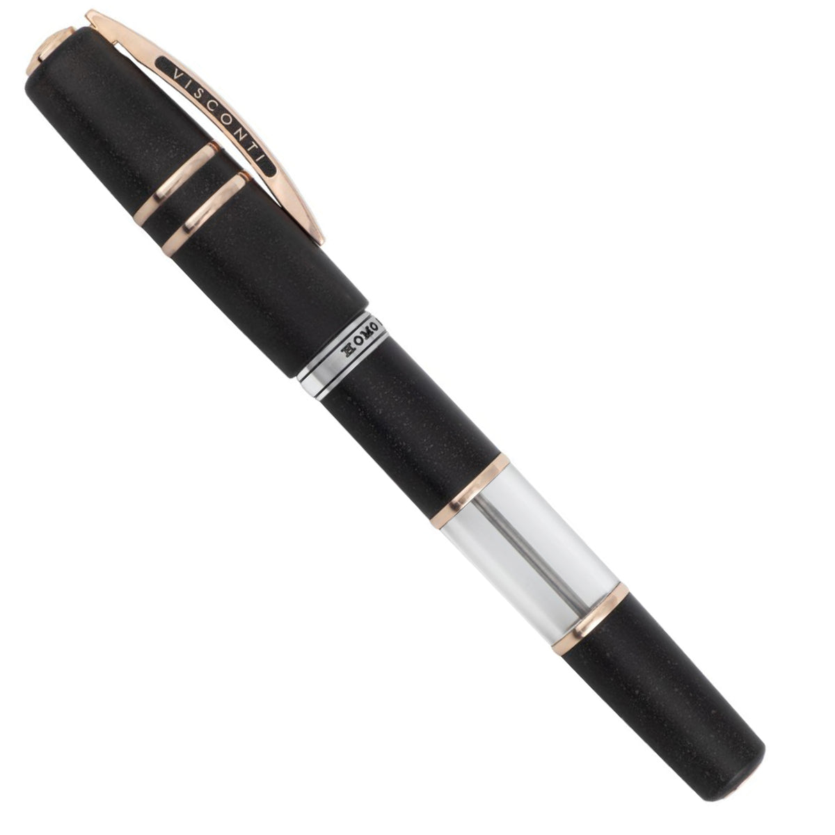 A black and rose gold Coles of London Visconti Homo Sapiens Crystal Dream Fountain Pen on a white background.