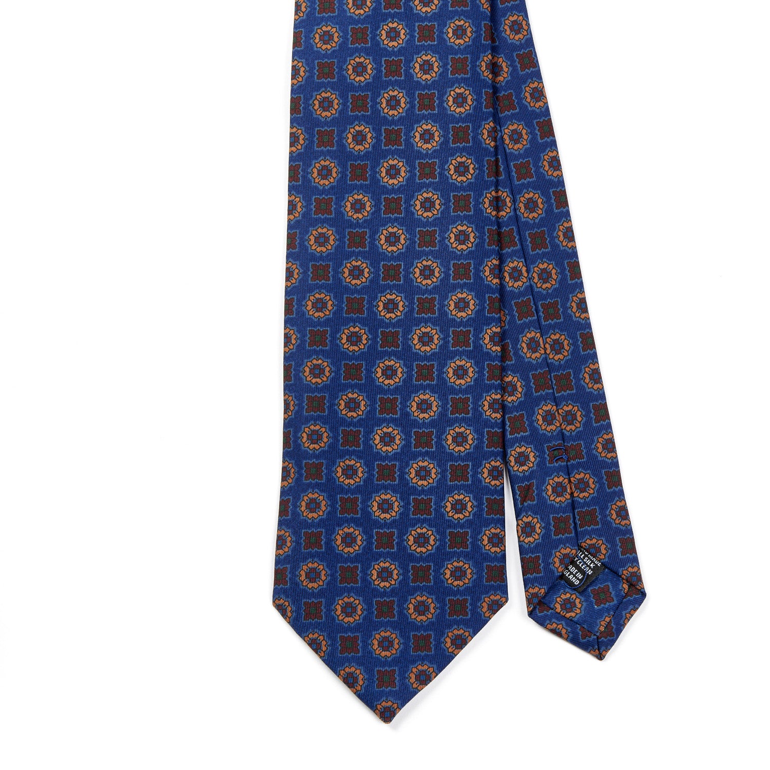 A high-quality Sovereign Grade Blue Floral Diamond Ancient Madder tie by KirbyAllison.com with a geometric pattern.