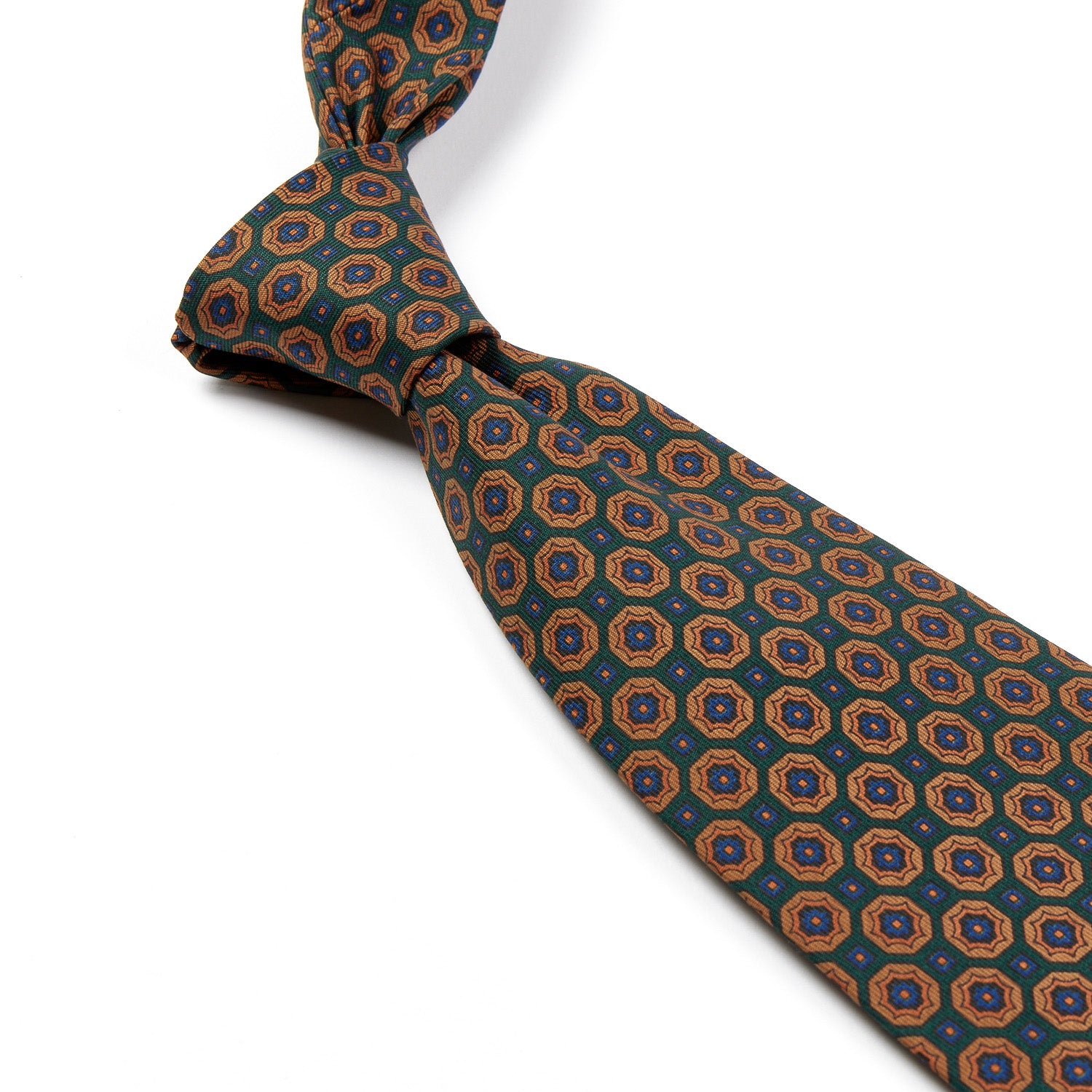 KirbyAllison.com's sovereign grade Green/Tan Floral Medallion Ancient Madder Tie, featuring a vibrant orange and green pattern, showcases highest quality craftsmanship.