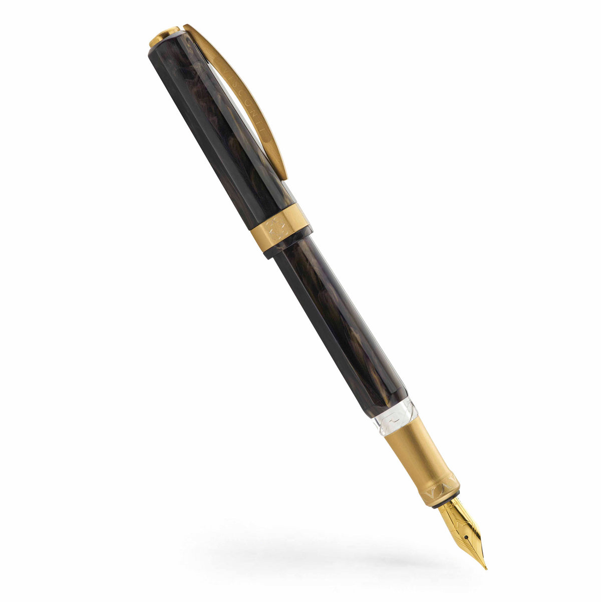 A Coles of London Visconti Opera Gold Black fountain pen on a white background.