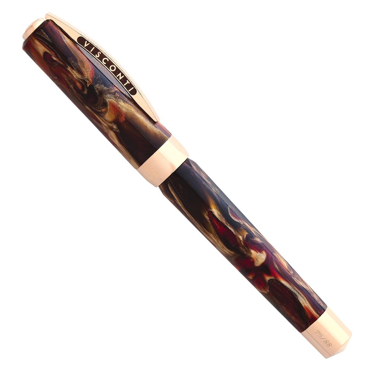 A Visconti Opera Master Firestorm fountain pen with a marbled design. (Brand Name: Coles of London)