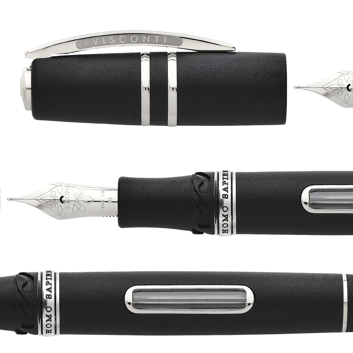 A set of black and silver fountain pens, including a Visconti Homo Sapiens Skylight Steel Age Fountain Pen, on a white background.
