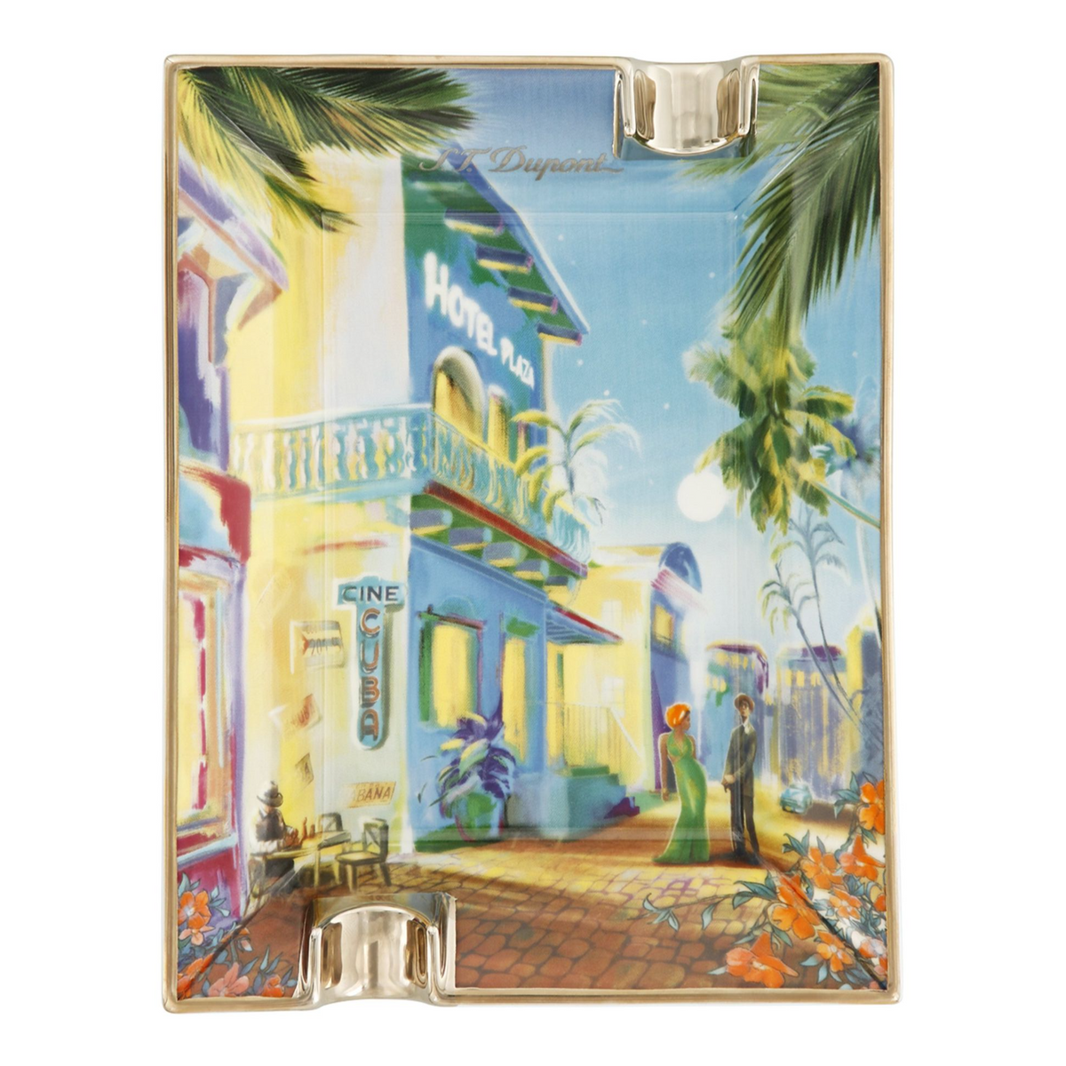 An exquisite porcelain ashtray featuring a colorful painted scene of a tropical street with palm trees, buildings, and two people talking under the moonlight. Designed with cigar grooves for added functionality, the H4cm x W22cm x D17cm approx. by KirbyAllison.com is a perfect blend of art and utility.