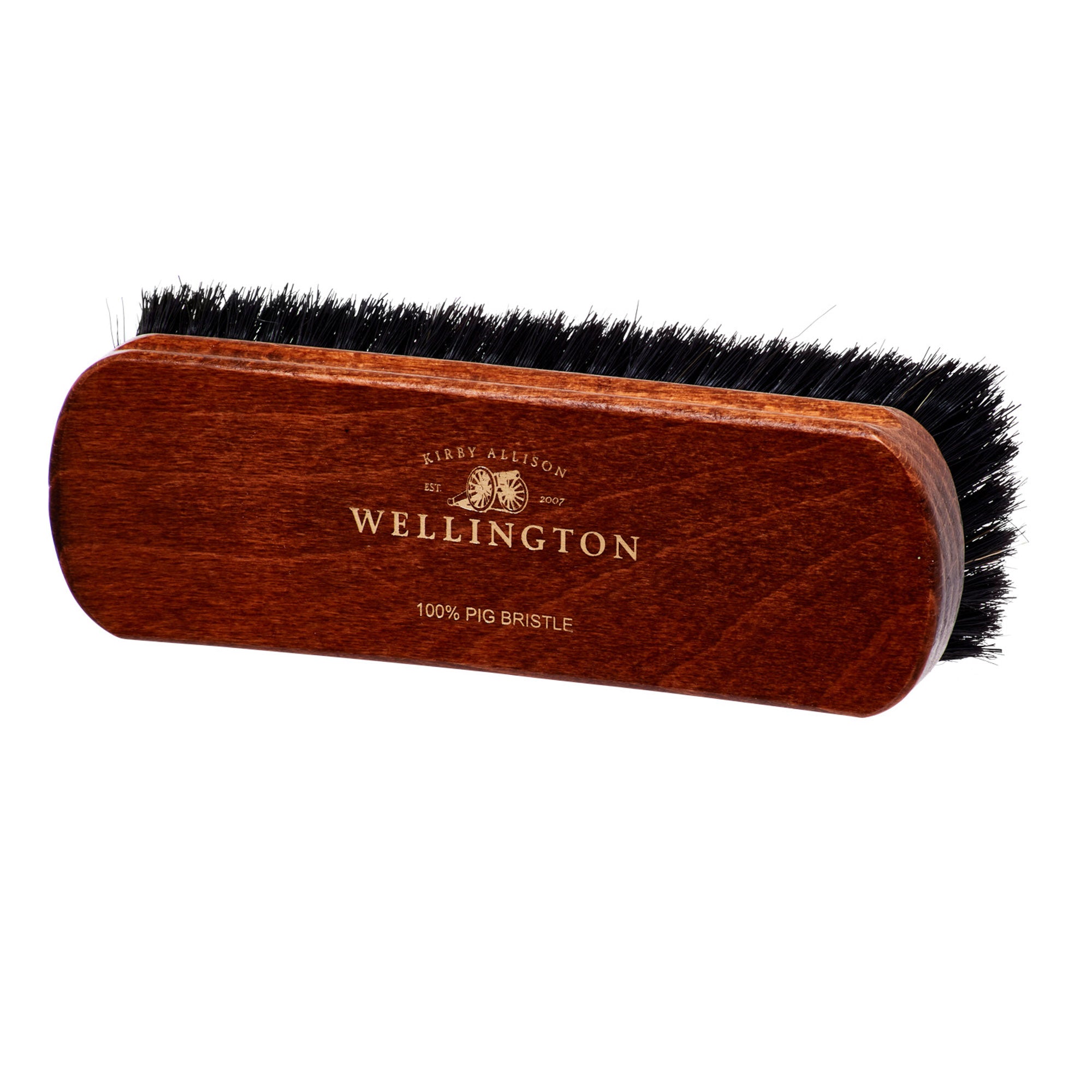 A Deluxe Wellington Pig Bristle Shoe Polishing Brush with black bristles on a white background by KirbyAllison.com.