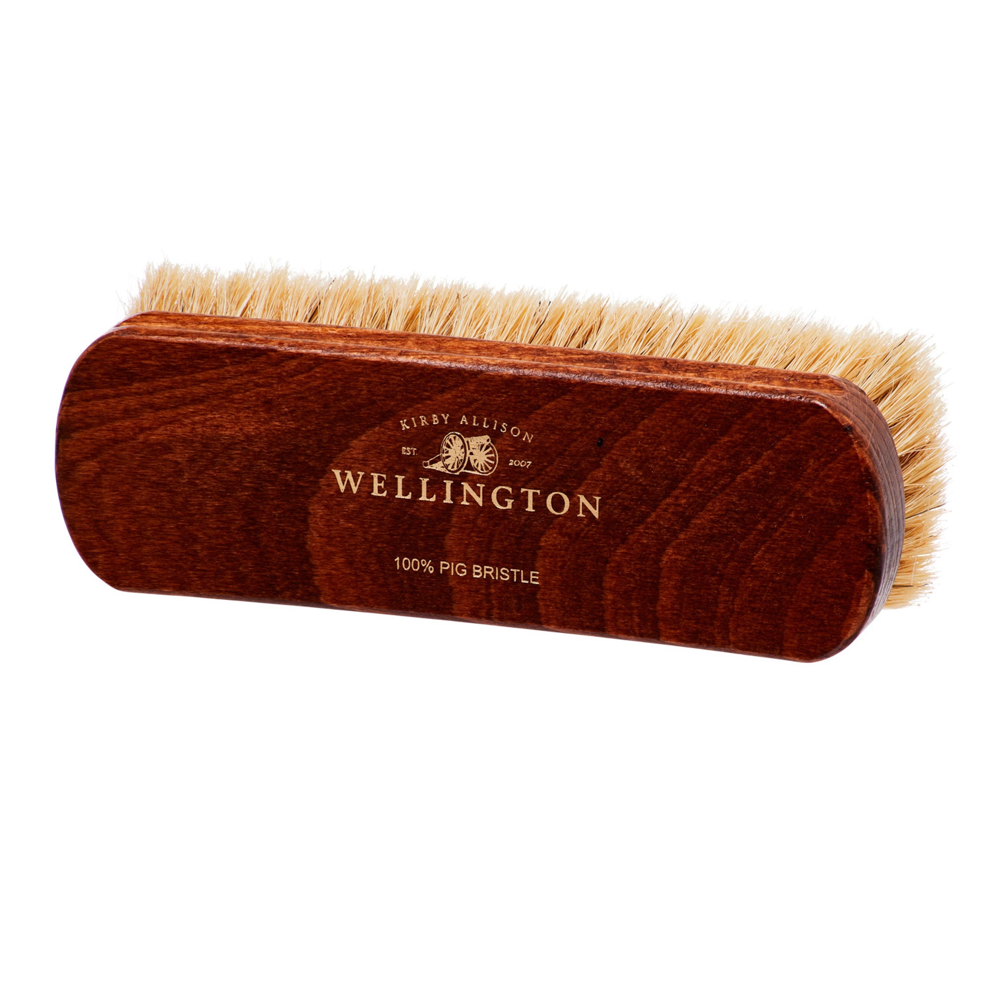 A Deluxe Wellington Pig Bristle Shoe Polishing Brush with the word KirbyAllison.com on it.
