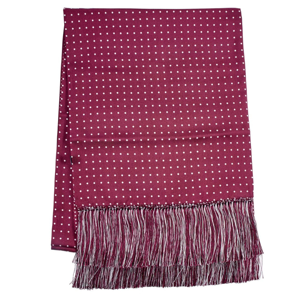 A Sovereign Grade Burgundy London Dot 36oz Reversible Printed Silk Scarf with fringes, perfect for winter, offered by KirbyAllison.com.