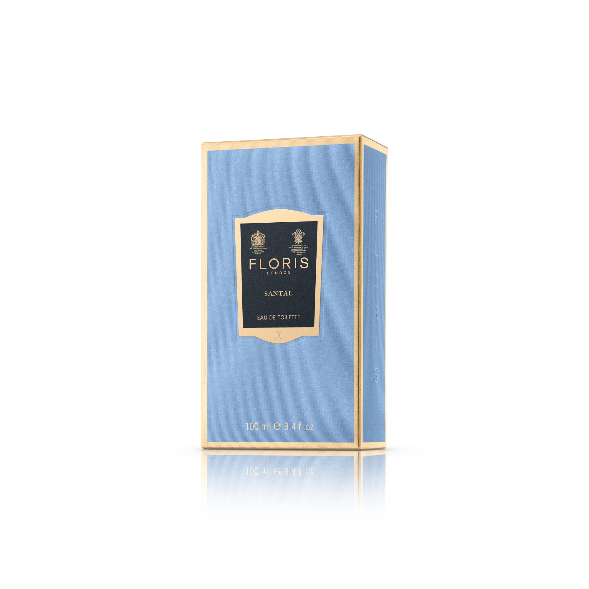 A blue box with a gold label on it containing FLORIS Santal 100 ML fragrance notes, by KirbyAllison.com.