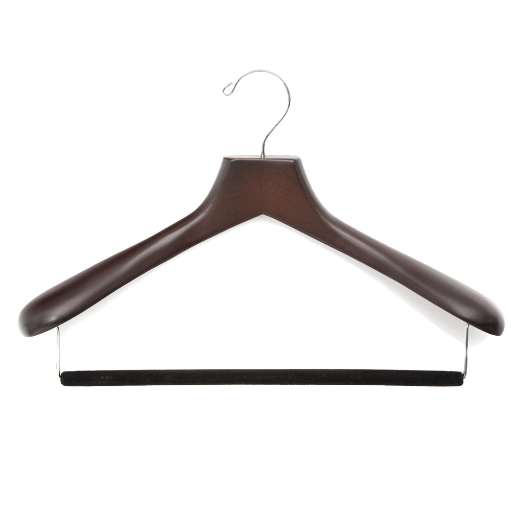 KirbyAllison.com Luxury Wooden Suit Hangers extend the life of garments and protect suits on a white background.