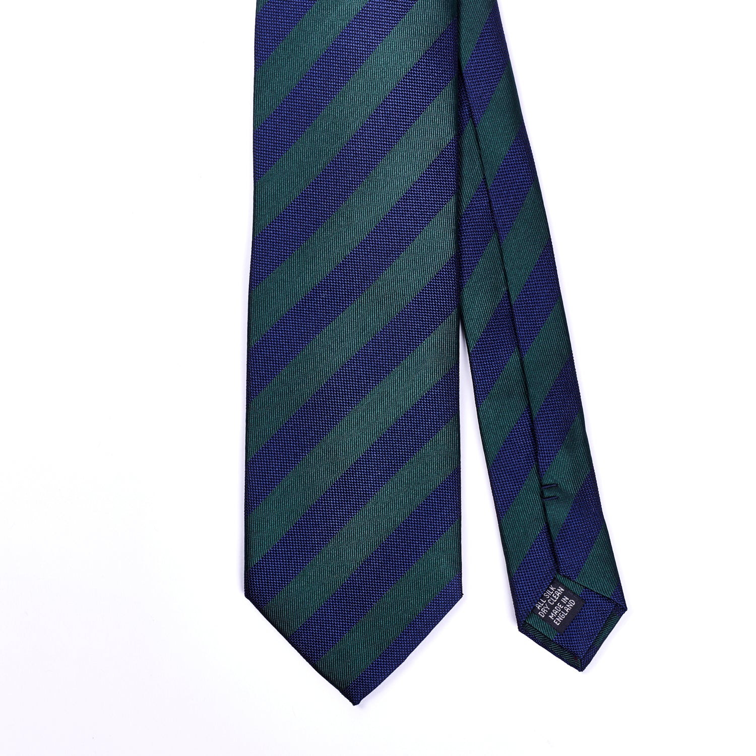 A high-quality Sovereign Grade Woven Navy and Green Rep Tie, 150 cm from KirbyAllison.com with blue and green stripes on a white background.