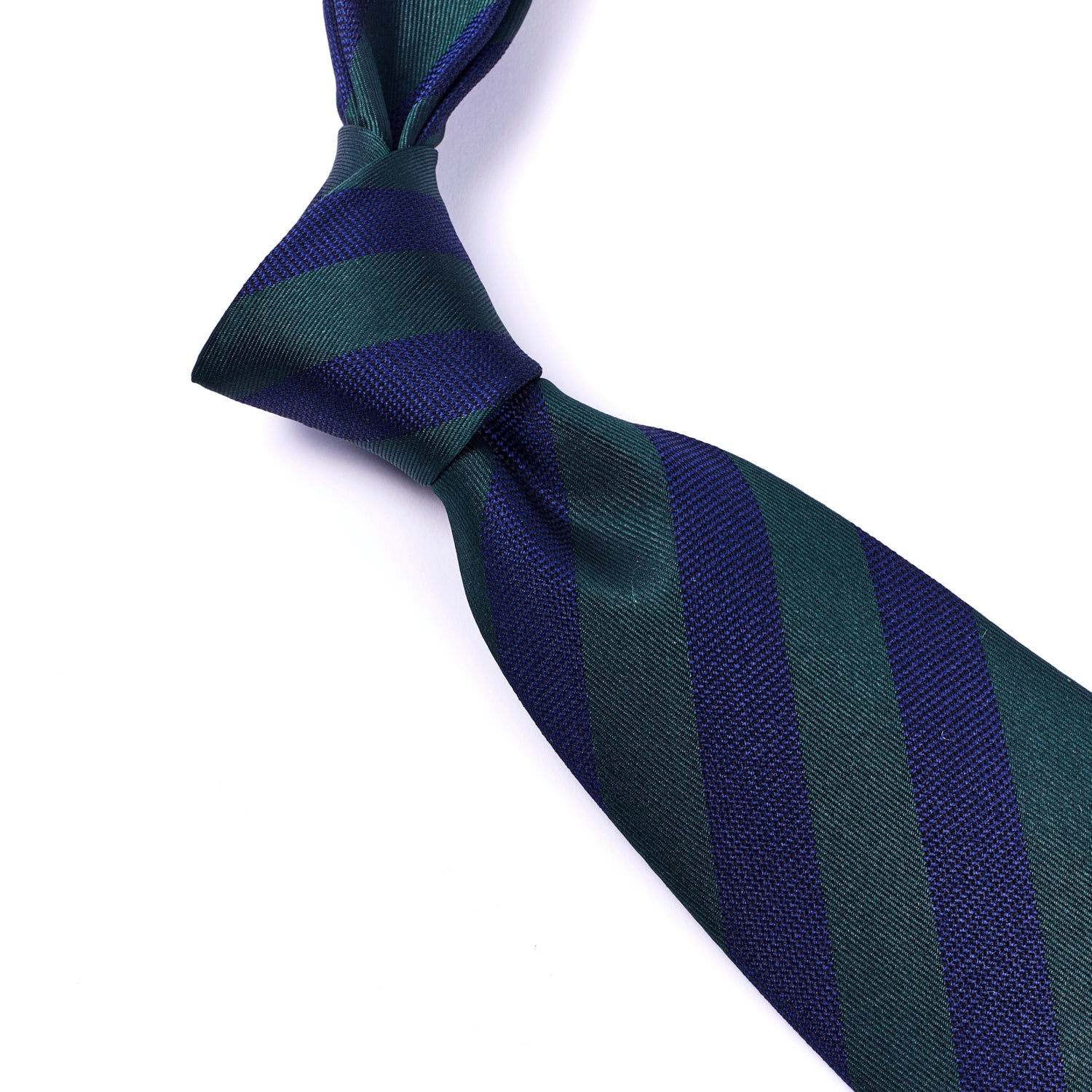 A high-quality Sovereign Grade Woven Navy and Green Rep Tie, 150 cm from KirbyAllison.com with green and blue stripes on a white background.