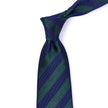 The Sovereign Grade Woven Navy and Green Rep Tie, 150 cm by KirbyAllison.com is a high-quality tie featuring blue and green stripes on a white background.