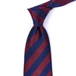 A burgundy and blue striped handmade tie, featuring 100% English silk, from the Kirby Allison Sovereign Grade collection has been replaced by the Sovereign Grade Woven Navy and Burgundy Rep Tie, 150 cm from KirbyAllison.com.
