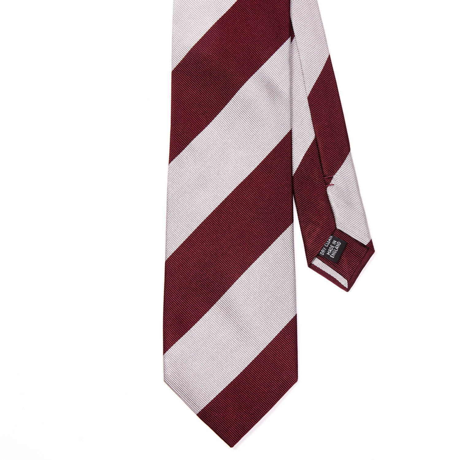 A Sovereign Grade Oxblood Wide Rep Tie, 150cm by KirbyAllison.com, in burgundy and white stripes on a white background, handmade in the United Kingdom.