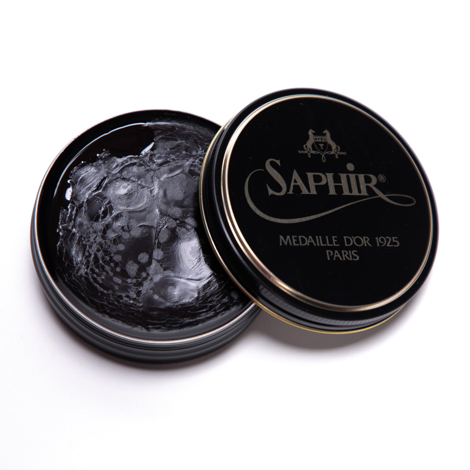 A black tin of Saphir Pate de Luxe Wax Shoe Polish 100 ml by KirbyAllison.com for a high-gloss shine.
