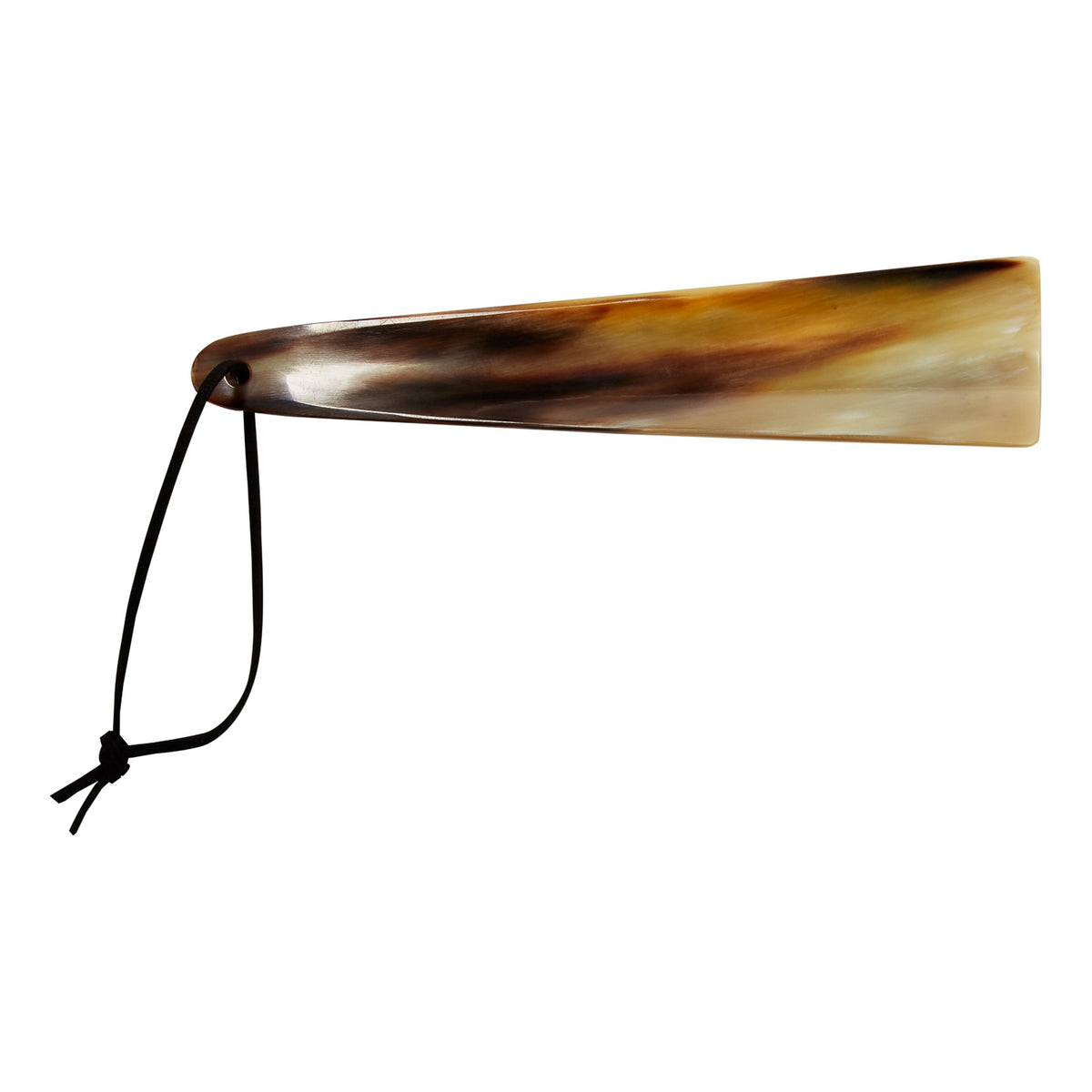 A KirbyAllison.com Wellington 8-inch Shoehorn made of ox horn with a black handle on a white background.