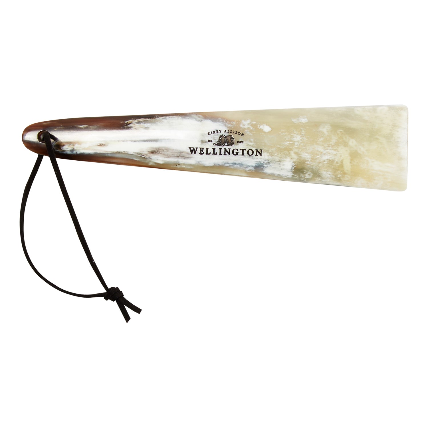 A Wellington 8-inch Shoehorn with a KirbyAllison.com leather handle.