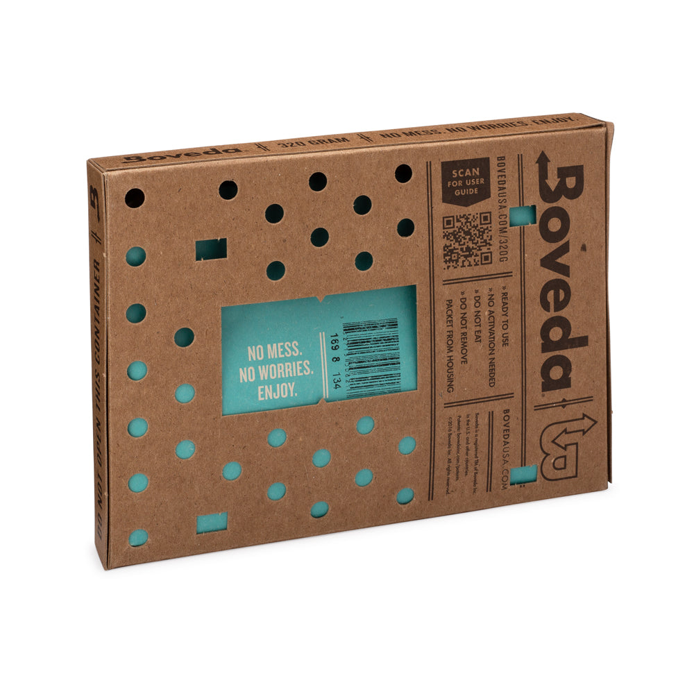 A cardboard box with blue dots on it designed for long-term cigar storage, featuring the Large Boveda Humidity Pouch (320 Gram) from KirbyAllison.com.
