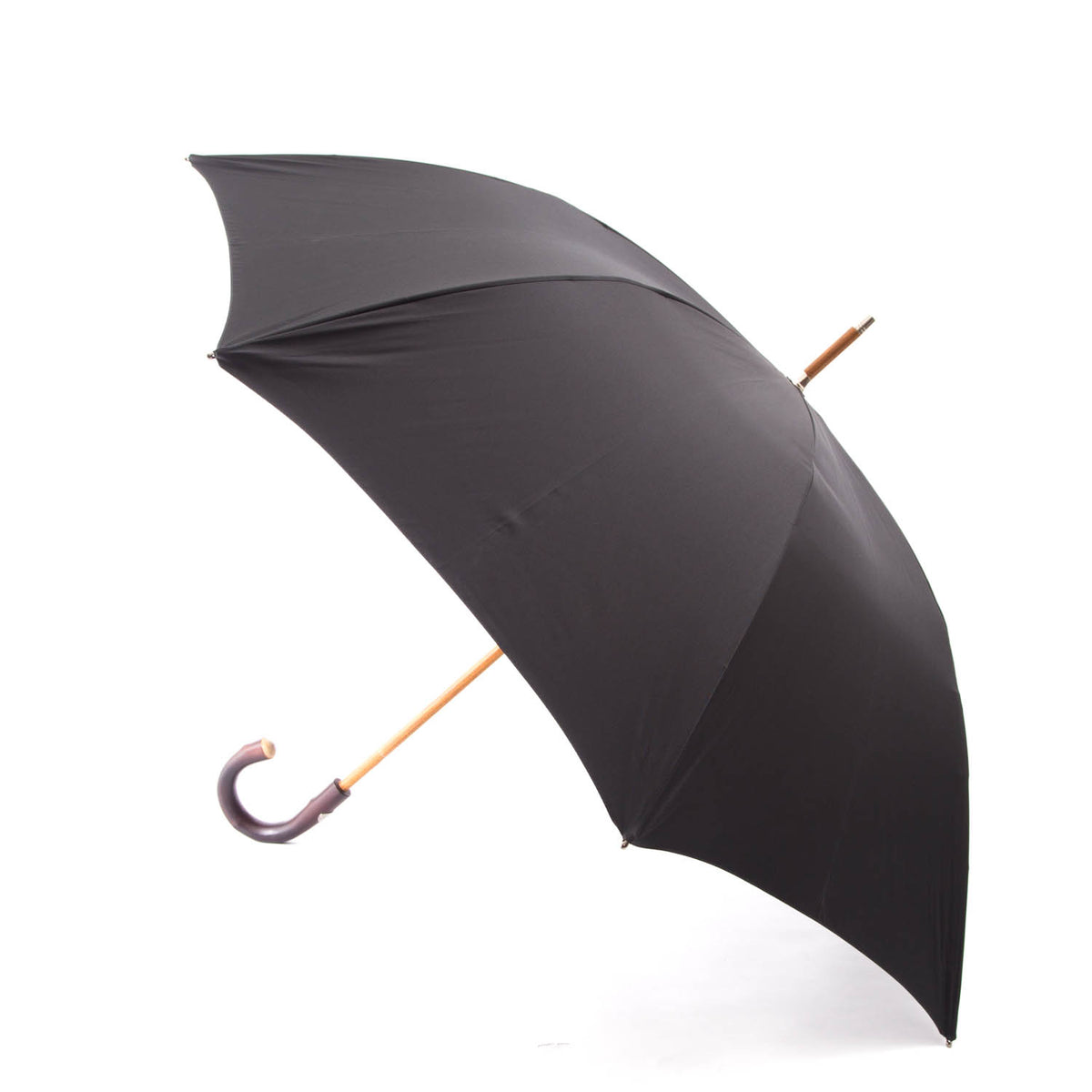 A Black Doorman Umbrella with Chestnut Handle from KirbyAllison.com with rain protection on a white background.
