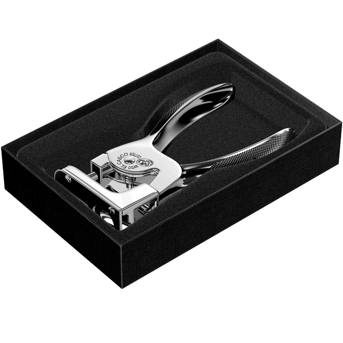An El Casco Chrome Cigar Cutter in a black box.