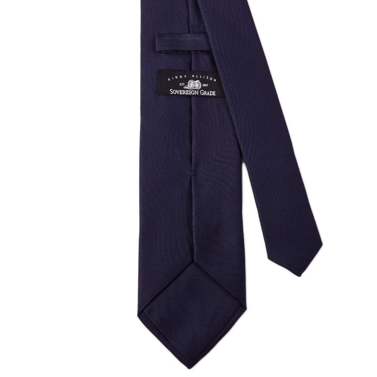 A Sovereign Grade 50oz Navy Horizontal Solid Twill Silk Tie from KirbyAllison.com on a white background.