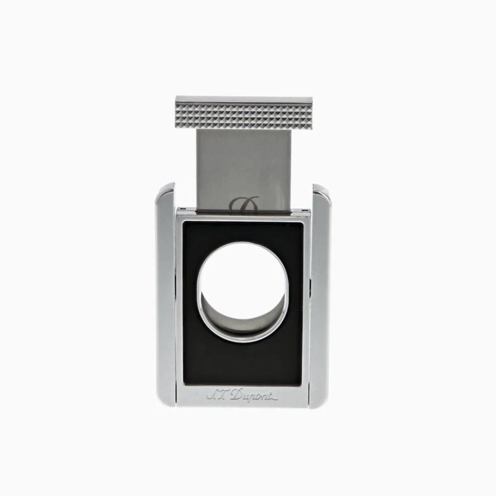 A S.T. Dupont Black & Chrome Cigar Cutter Stand with lacquer finish on a white background.