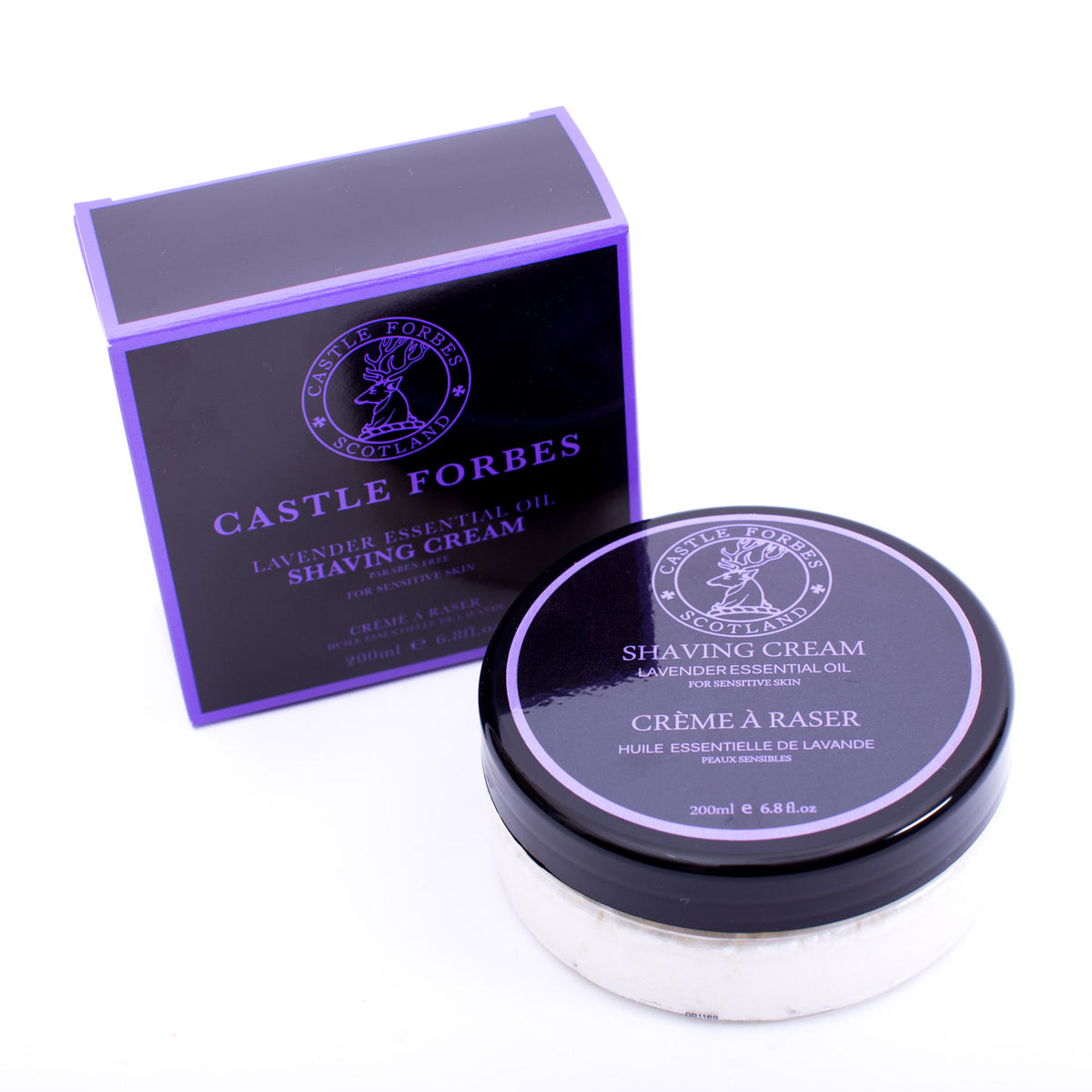 KirbyAllison.com's Castle Forbes Lavender Essential Oil Shaving Cream, a luxurious moisturizing body butter with raisin.
