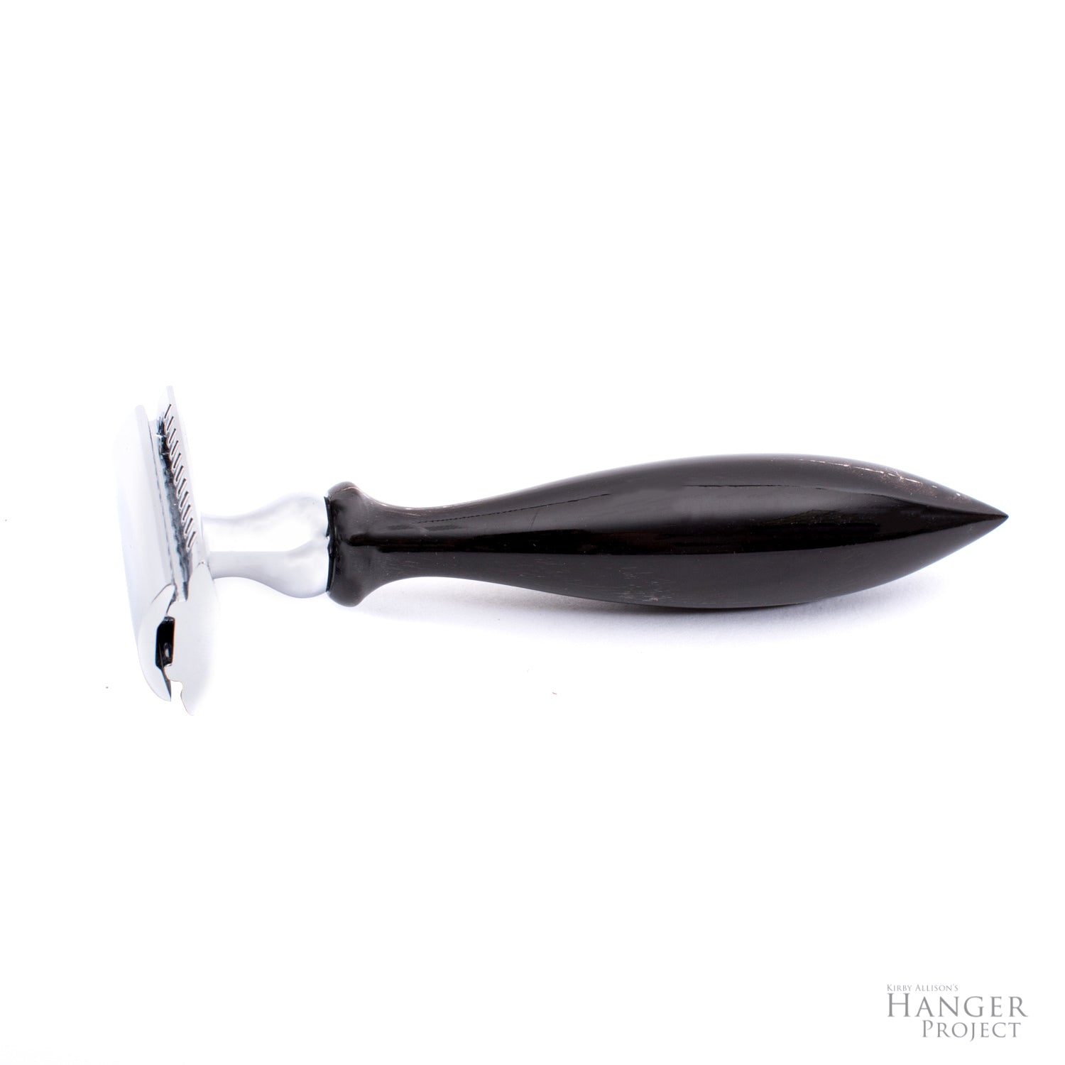 A black and white Parker 3-Piece Horn Safety Razor from KirbyAllison.com on a white background.