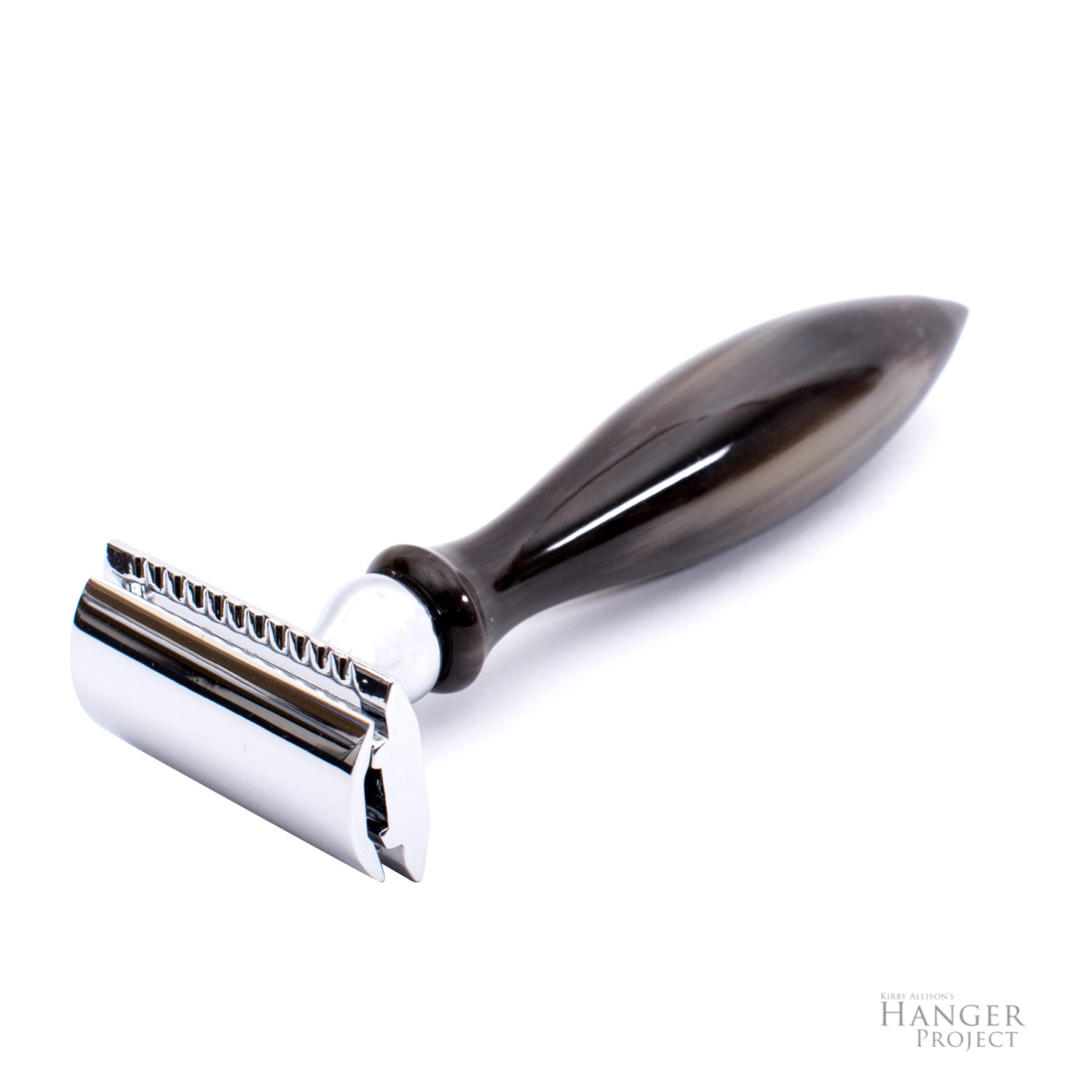 A black and white KirbyAllison.com Parker 3-Piece Horn Safety Razor finishes on a white background.