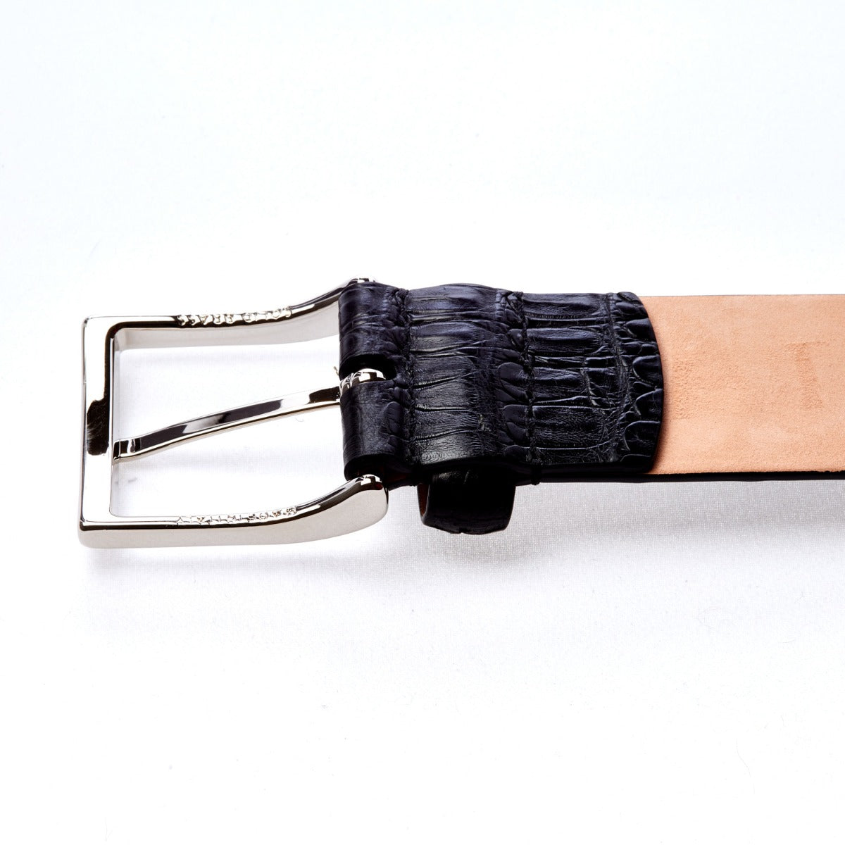 A Sovereign Grade Black Crocodile Belt by KirbyAllison.com, handcrafted with a satin finish on a white background, perfect for crocodile belt enthusiasts.