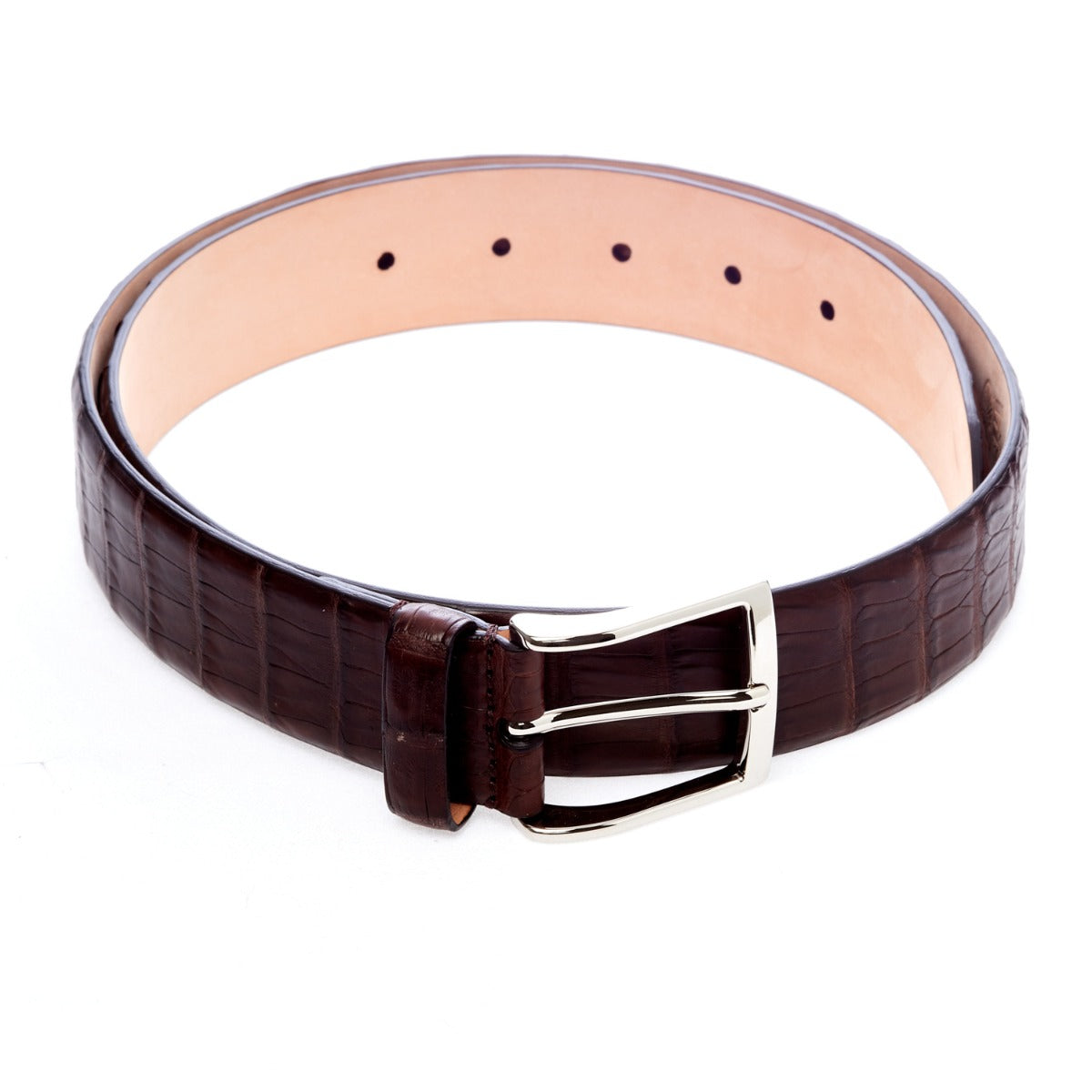 A Sovereign Grade Medium Brown Crocodile Belt with a satin finish on a white background, from KirbyAllison.com.