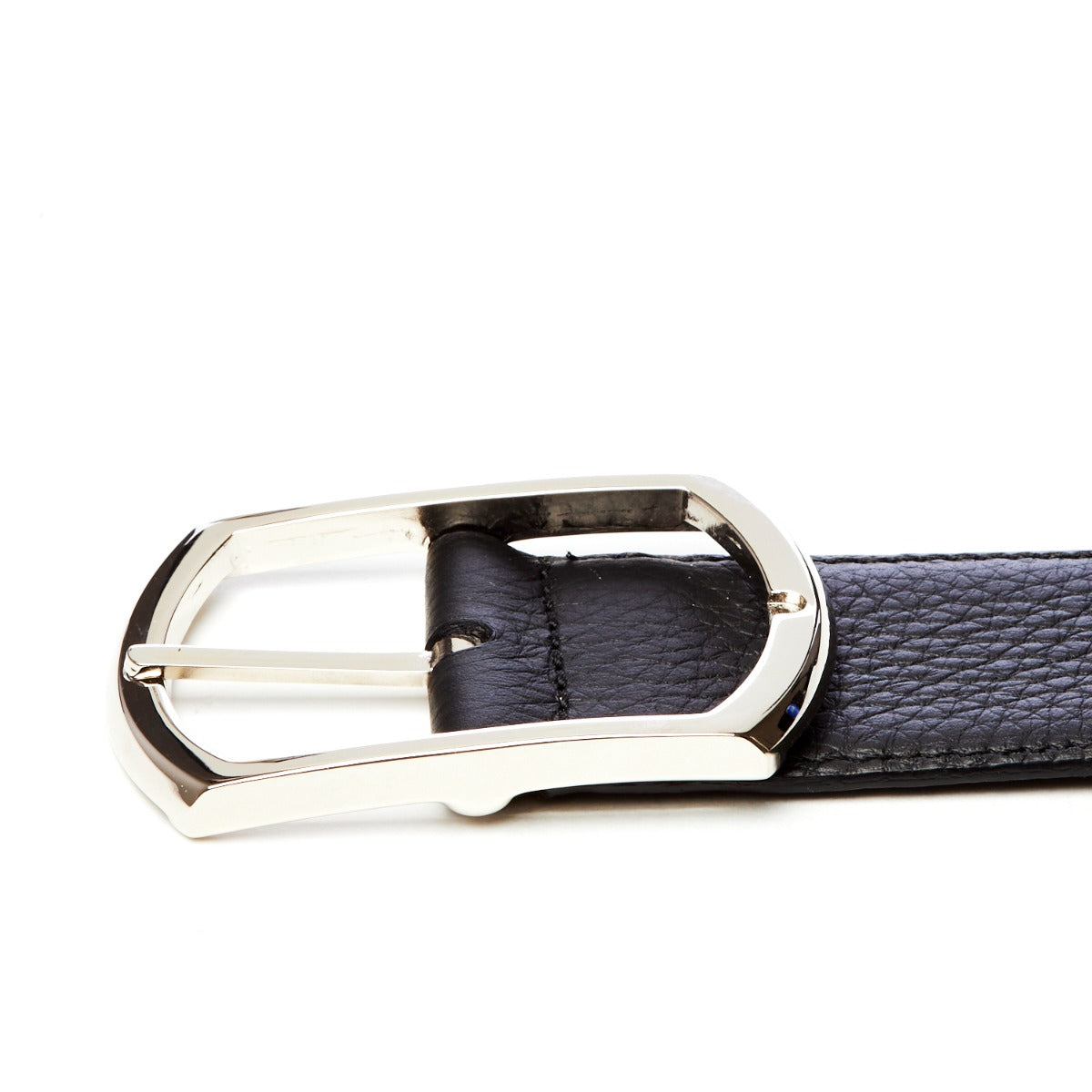 A Sovereign Grade Black Grained Calfskin Reversible Belt from KirbyAllison.com with a metal buckle.