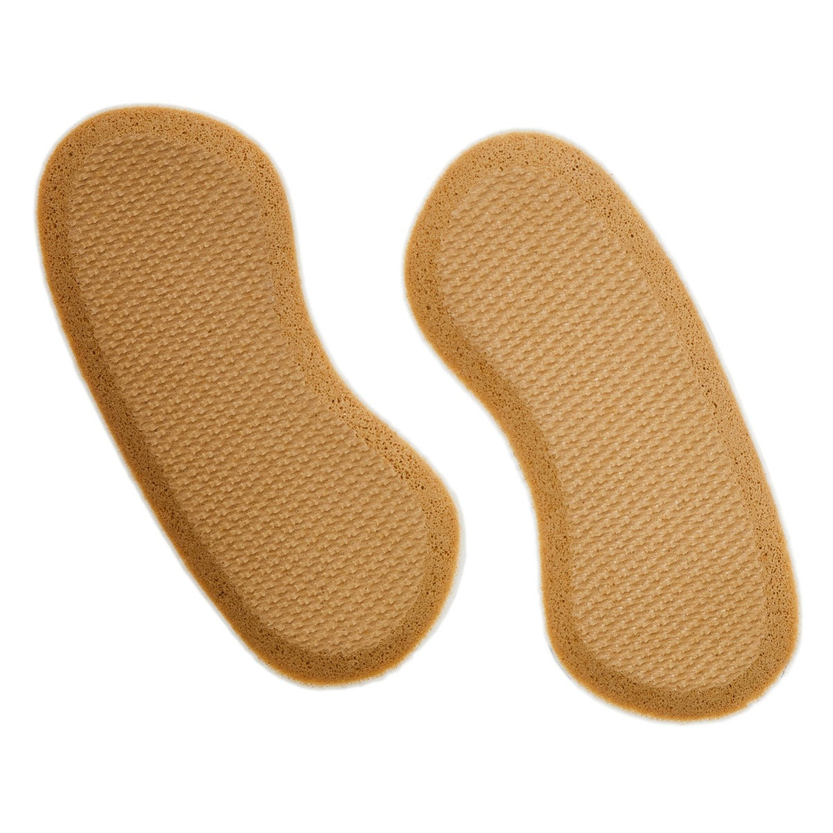 A pair of brown shoe soles with KirbyAllison.com Rubber Heel Grips to prevent sliding.
