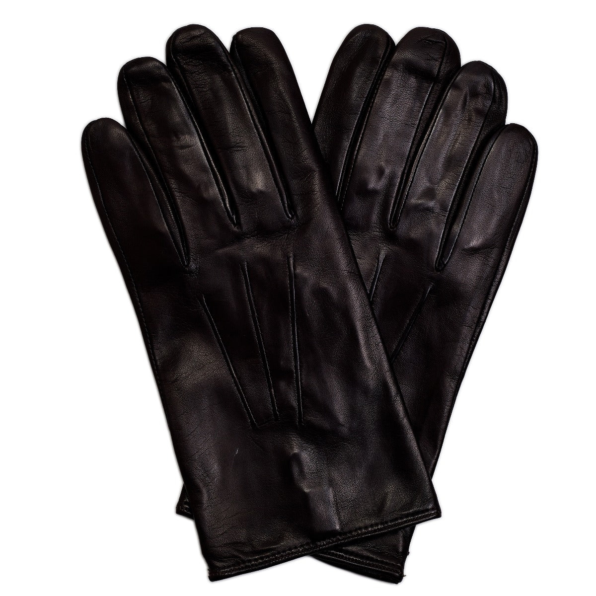 A pair of ultra-soft KirbyAllison.com Sovereign Grade Dark Brown Nappa Leather Gloves, Silk Lined on a white background.