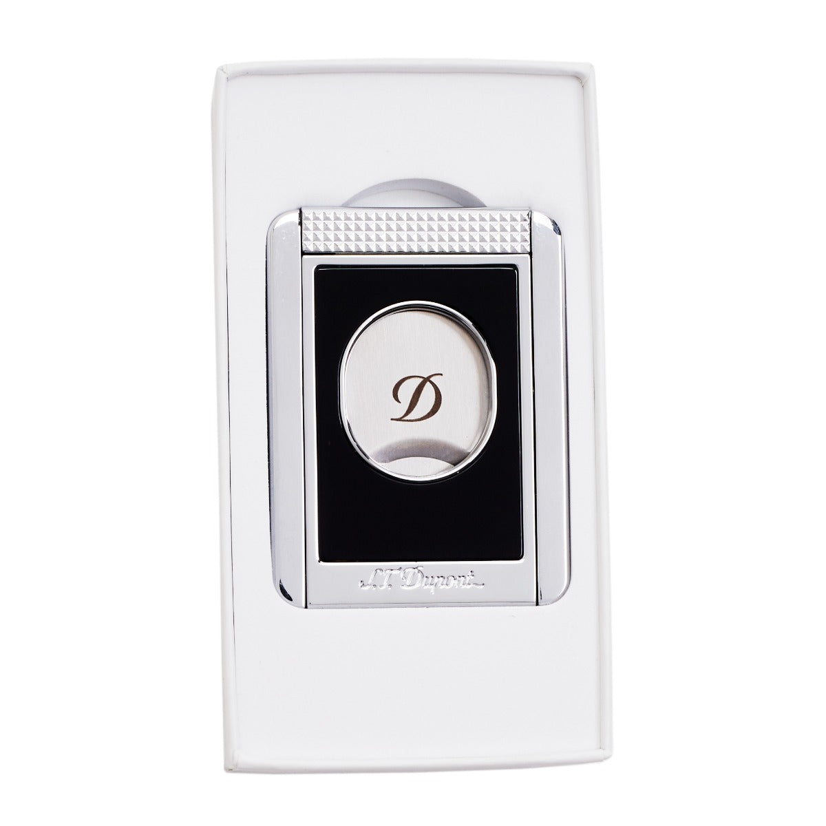 A black and white S.T. Dupont Black & Chrome Cigar Cutter Stand with the letter d on it.