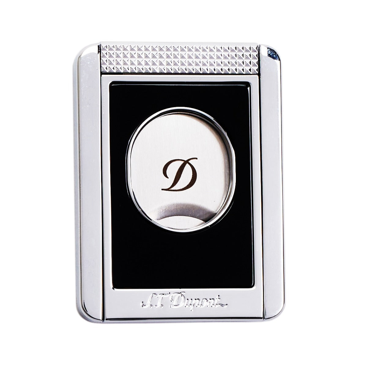 An S.T. Dupont Black & Chrome Cigar Cutter Stand with a lacquer finish and the letter d on it.