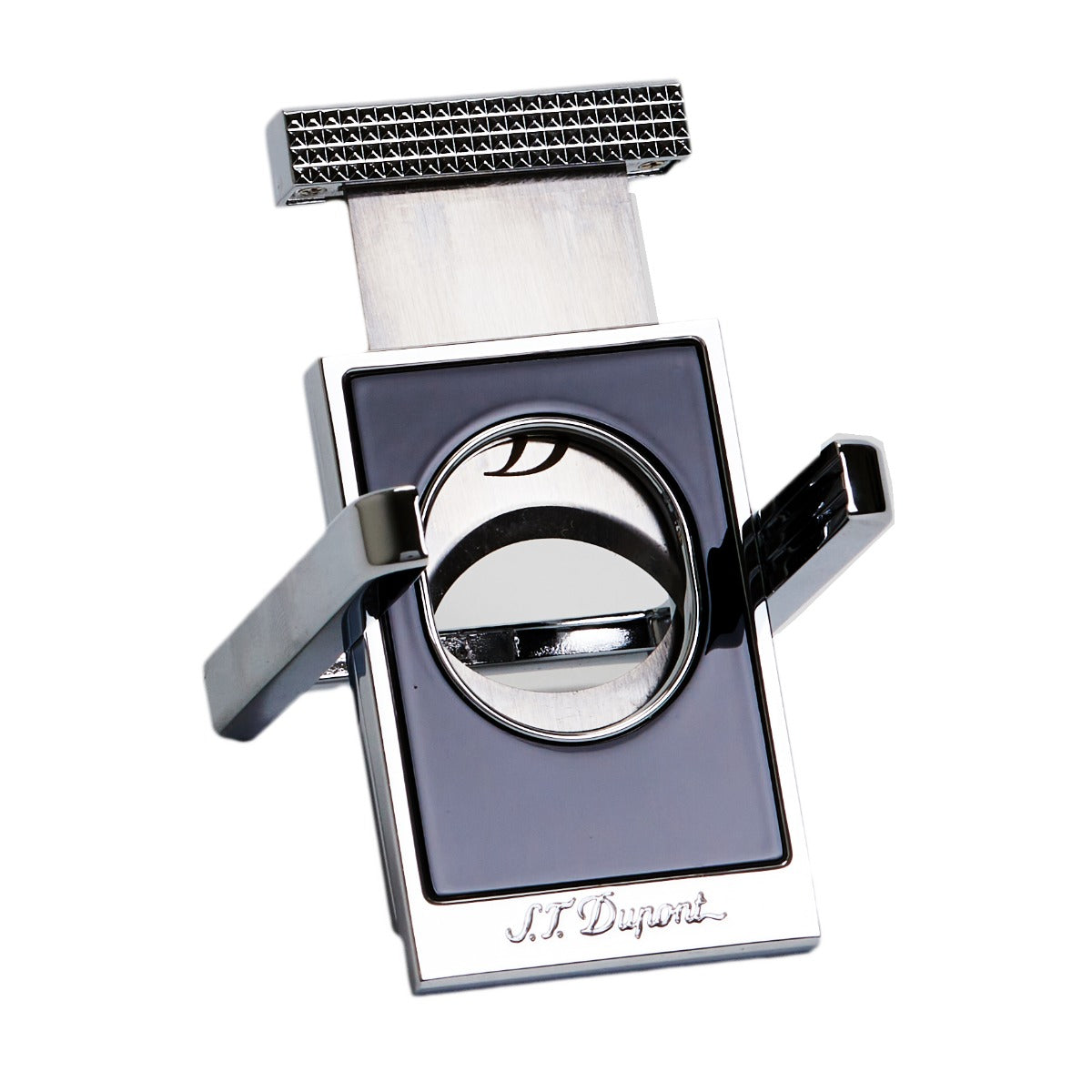 A S.T. Dupont Black & Chrome Cigar Cutter Stand with a silver stand.