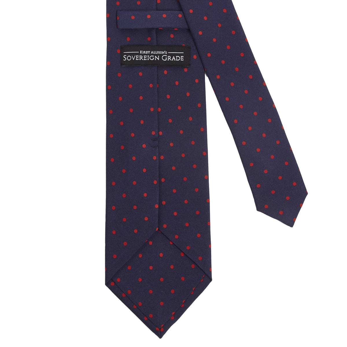 A Sovereign Grade Navy-Red London Dot Printed Silk Tie with red and blue polka dots, from KirbyAllison.com.