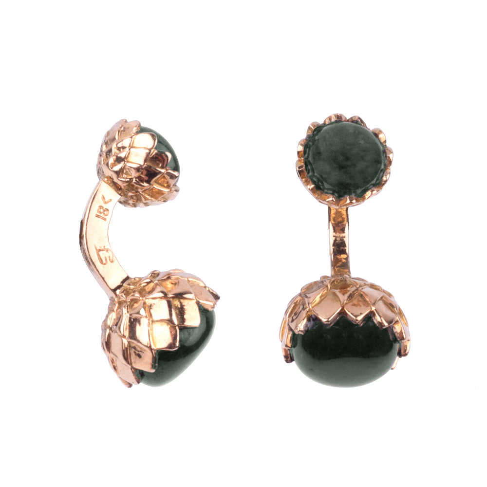 A pair of Sovereign Grade Gold Lotus Flower Jade Cufflinks with green stones and rose gold by KirbyAllison.com.