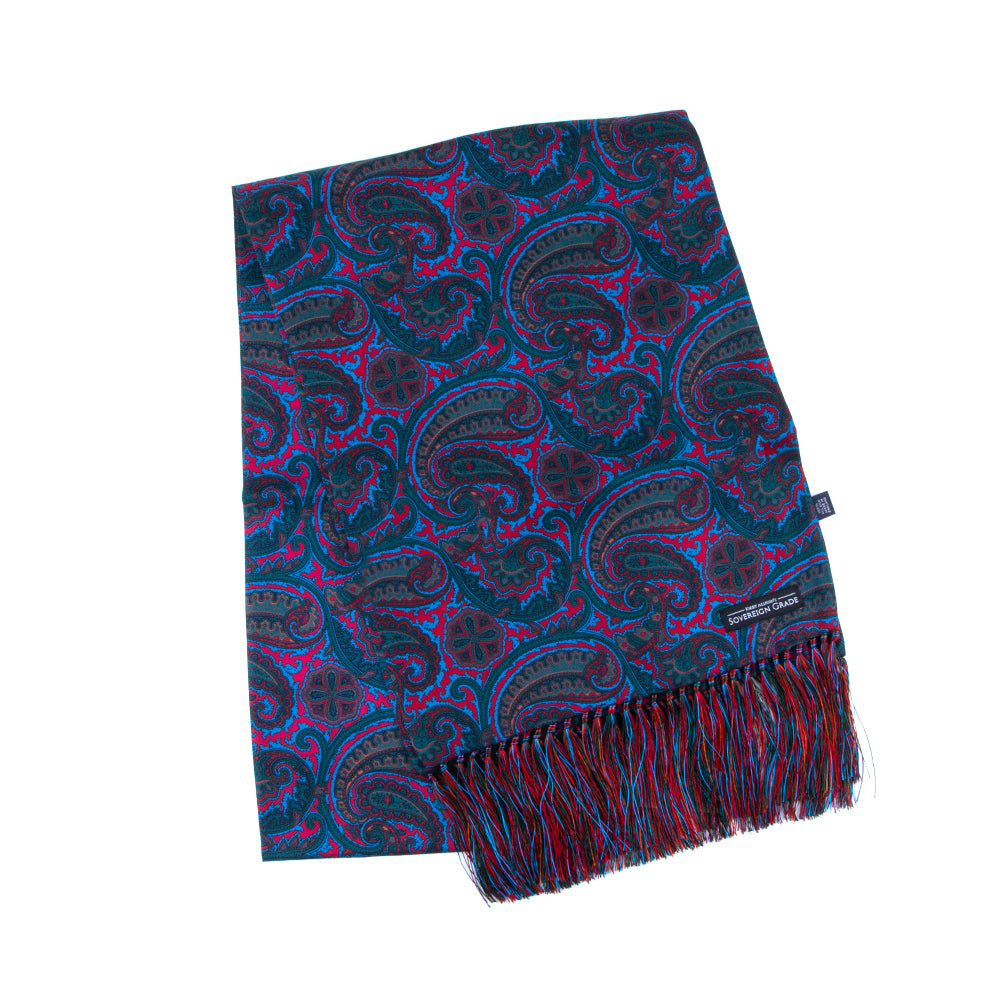 A blue and purple paisley Sovereign Grade Ancient Madder Silk Scarf with fringes, a winter accessory by KirbyAllison.com.
