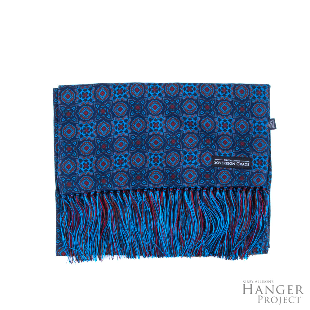 An English made Sovereign Grade Ancient Madder Blue Motif Silk Scarf with fringes from KirbyAllison.com.