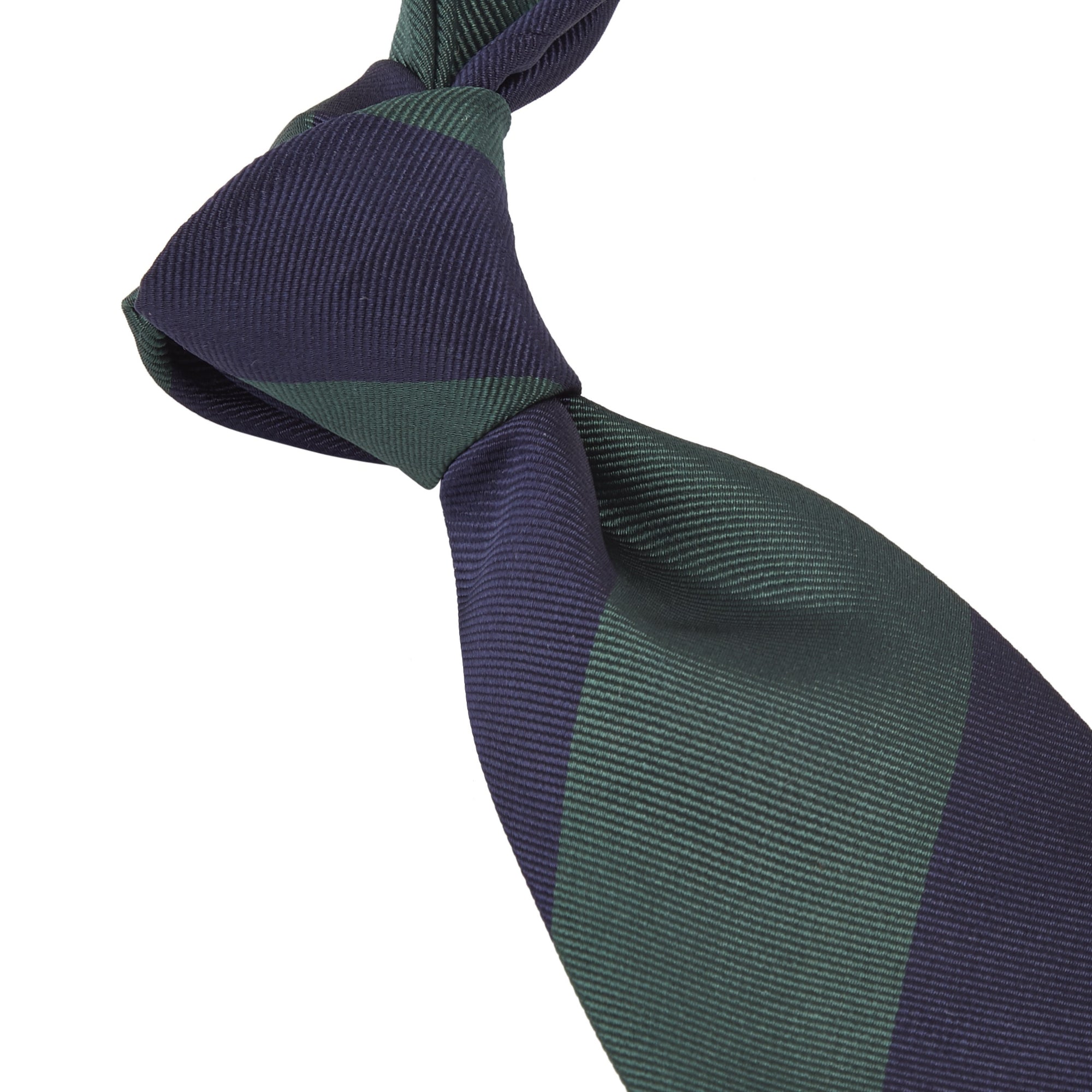 A Sovereign Grade Midnight/Forest Household Guards (Royal Artillery) tie by KirbyAllison.com, handmade in green and blue stripes on a white background.
