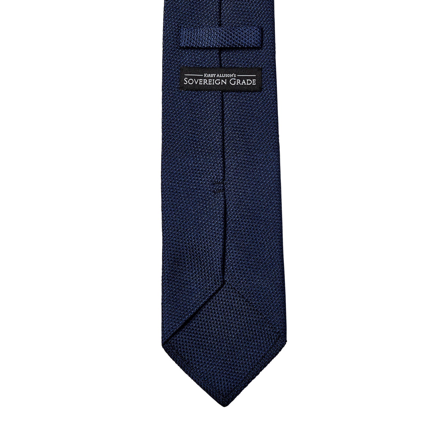 A Sovereign Grade Grenadine Fina Navy Tie from KirbyAllison.com, originating from the United Kingdom, displayed on a clean white background.