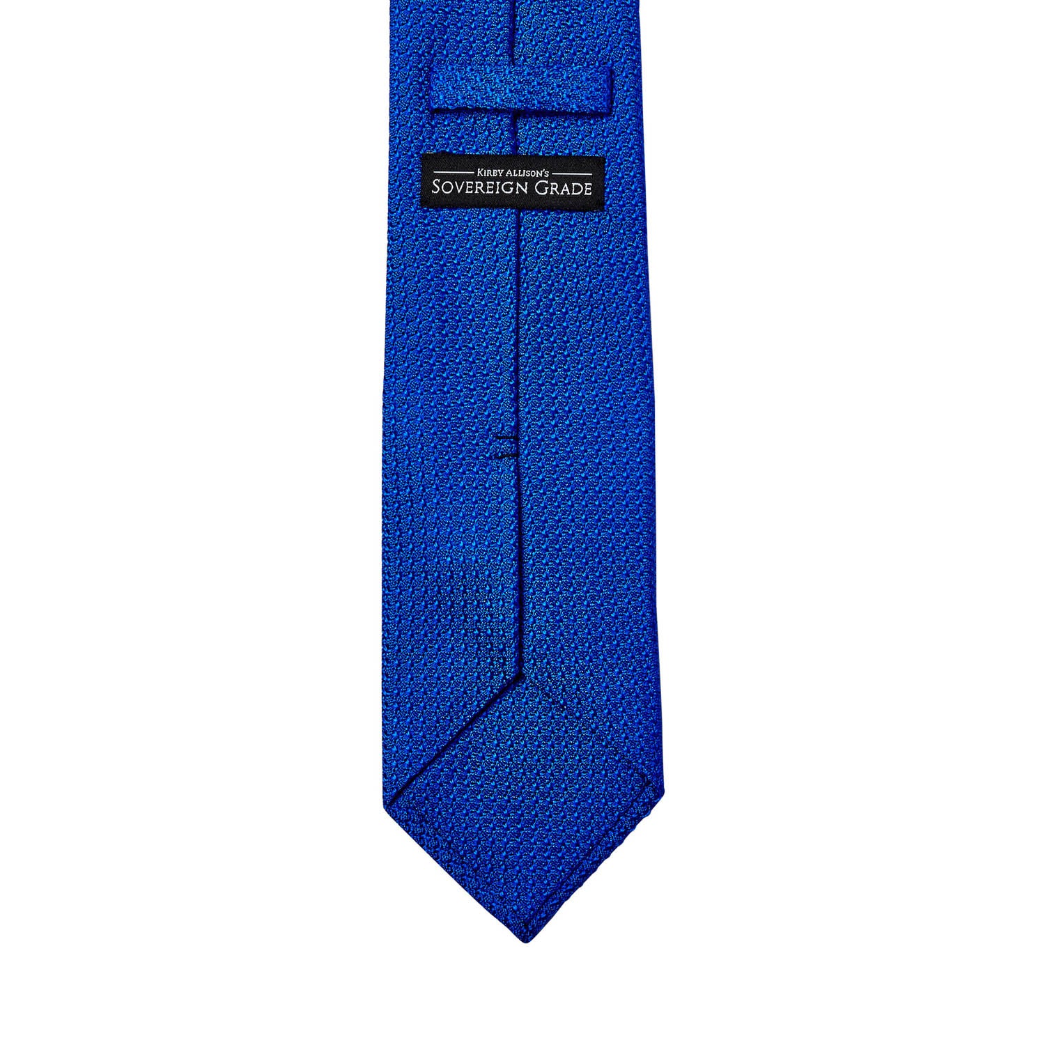 A bright blue Sovereign Grade Grenadine Grossa tie handmade in the United Kingdom, known for its longevity and quality, on a white background, by KirbyAllison.com.