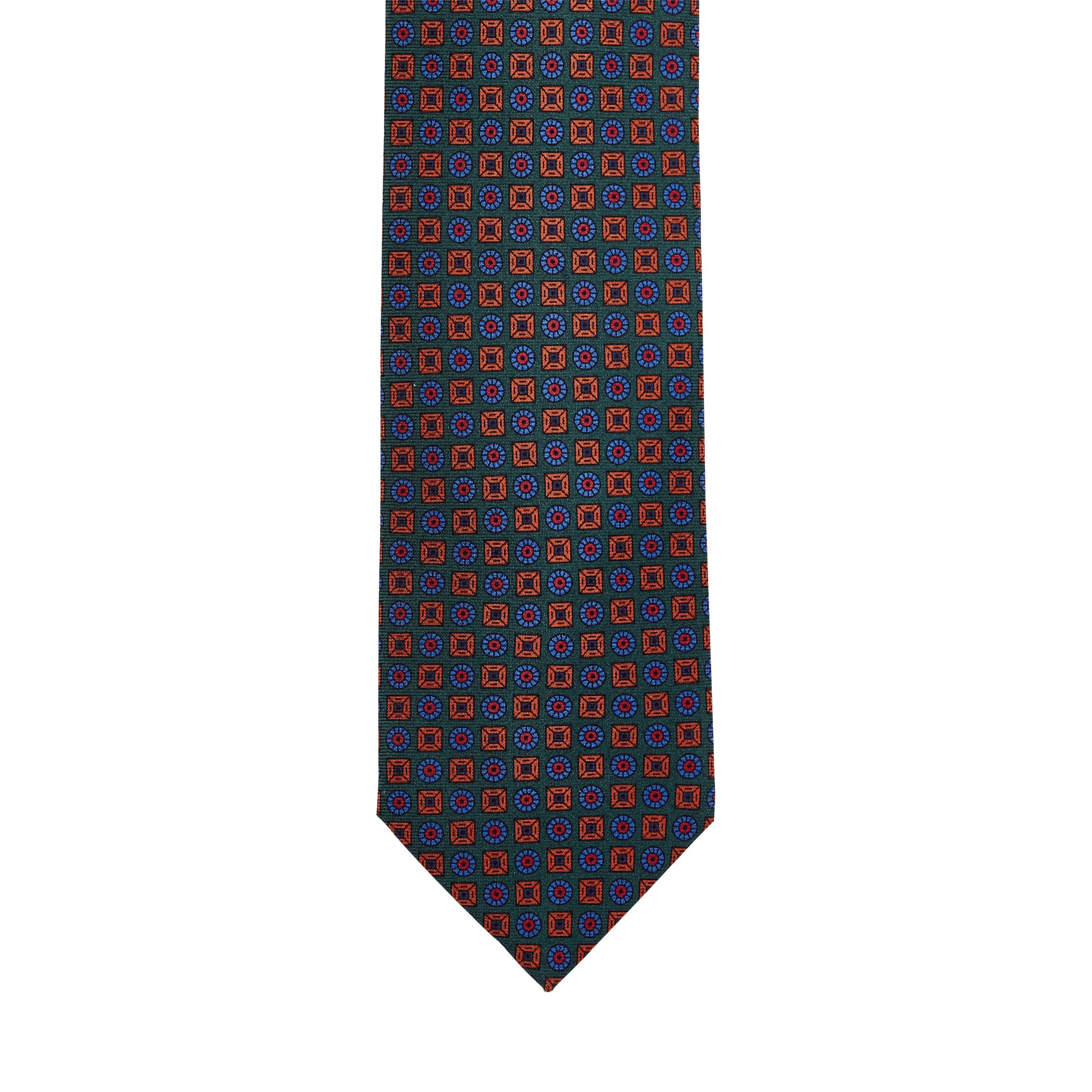 A Sovereign Grade Green Ancient Madder Tie from KirbyAllison.com with a red and blue pattern.